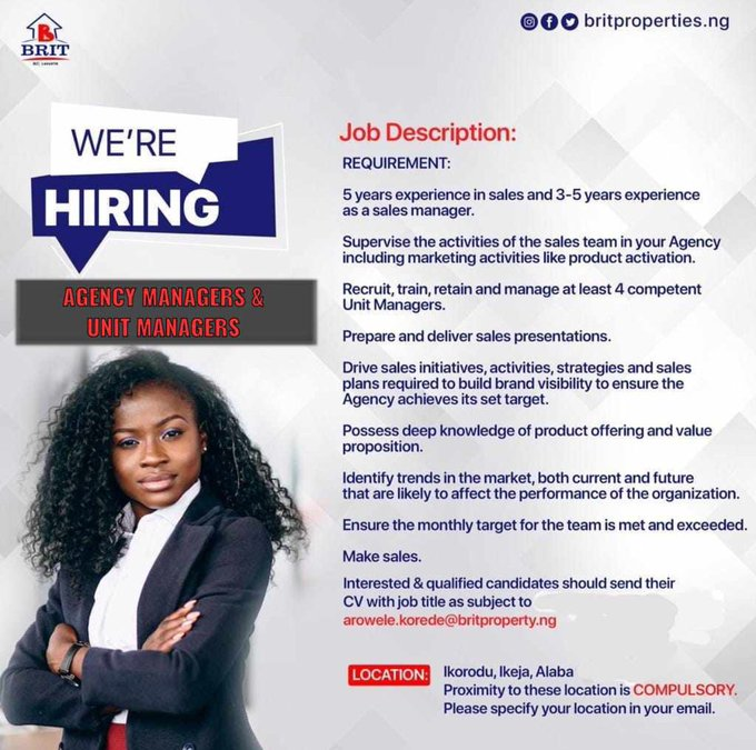 vacancy for agency manager and unit manager at brits property lagos